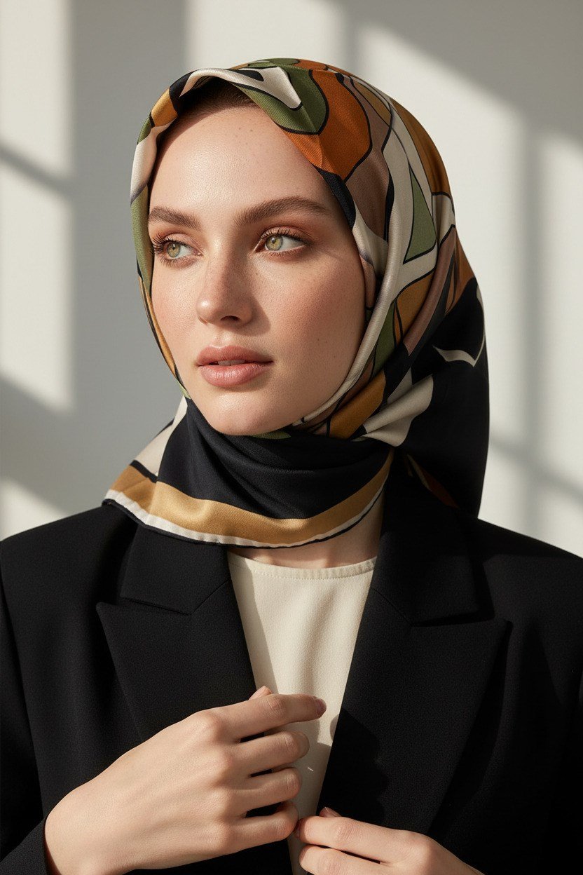 % 57 İPEK % 43 VİSKON Twill İpek Geometrik Desenli Taba - Haki Renkli 90x90 Dikim Şekli : El Dikişi Eşarp