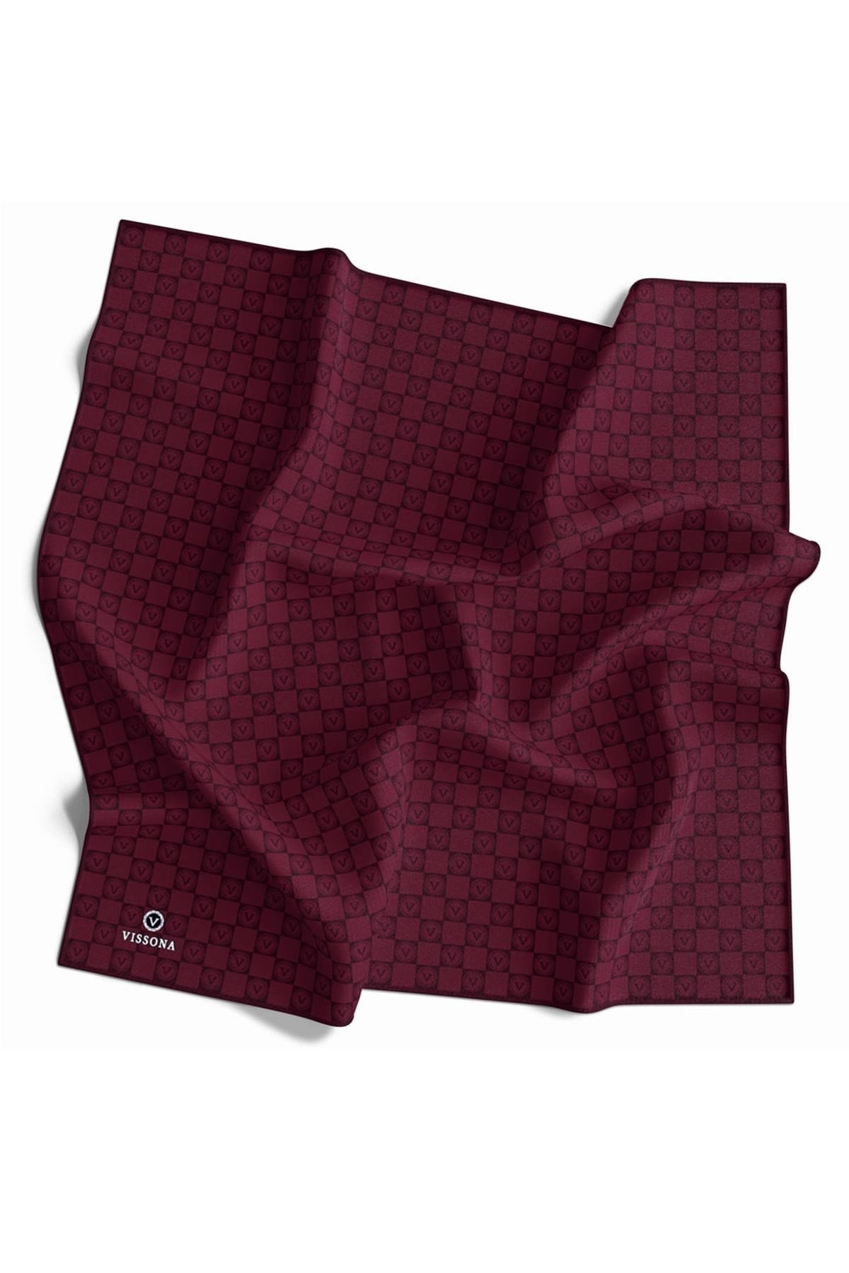 %100 Twill İpek Monogram Desenli Şarabi Renkli 90x90 Eşarp Dikim Şekli : El Dikişi