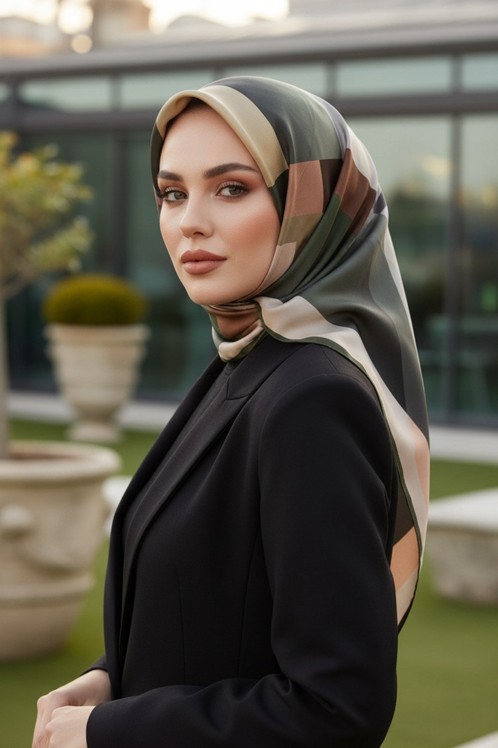 %100 Twill İpek Geometrik Desenli Haki - Bakır Renkli 90x90 Eşarp Dikim Şekli : El Dikişi