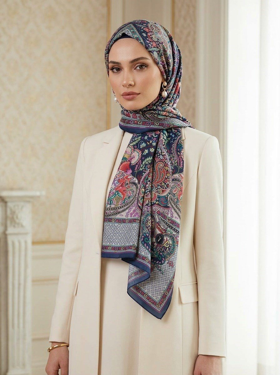 %100 Saf İpek Şal İnce Saten Vual Dokuma Etro Desenli Lacivert - Turuncu Renkli 90x210 Şal