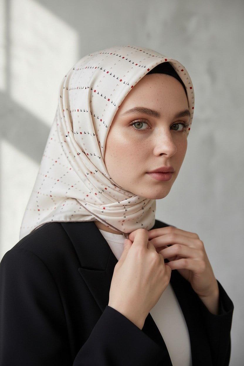 %100 Twill İpek Minik V Desenli Beyaz Renkli 90x90 Eşarp Dikim Şekli : El Dikişi