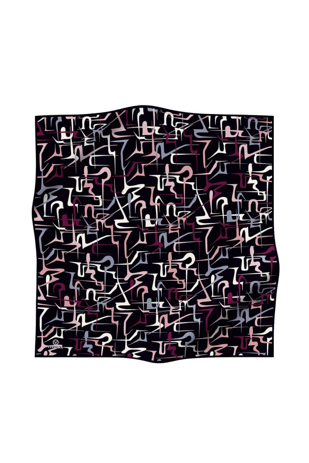 %100 Twill İpek Soyut Geometrik Desenli Mürdüm - Pudra Renkli 90x90 Eşarp Dikim Şekli : El Dikişi