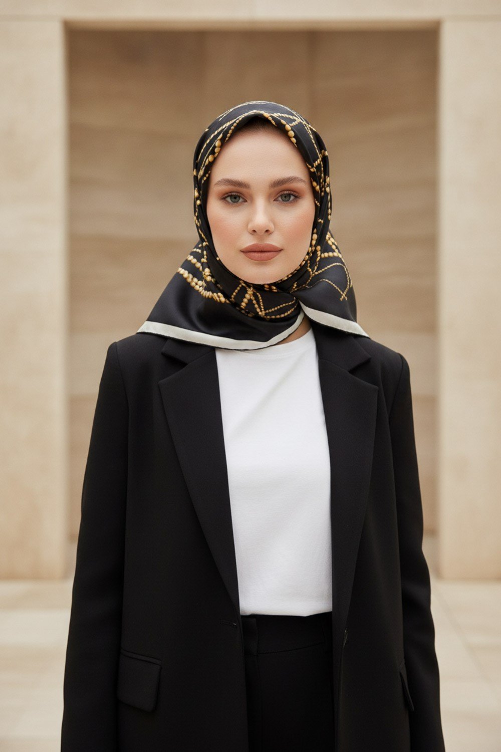 %100 Twill İpek İnci Desenli Siyah Renkli 90x90 Eşarp Kenar Dikiş Şekli : El Dikişli