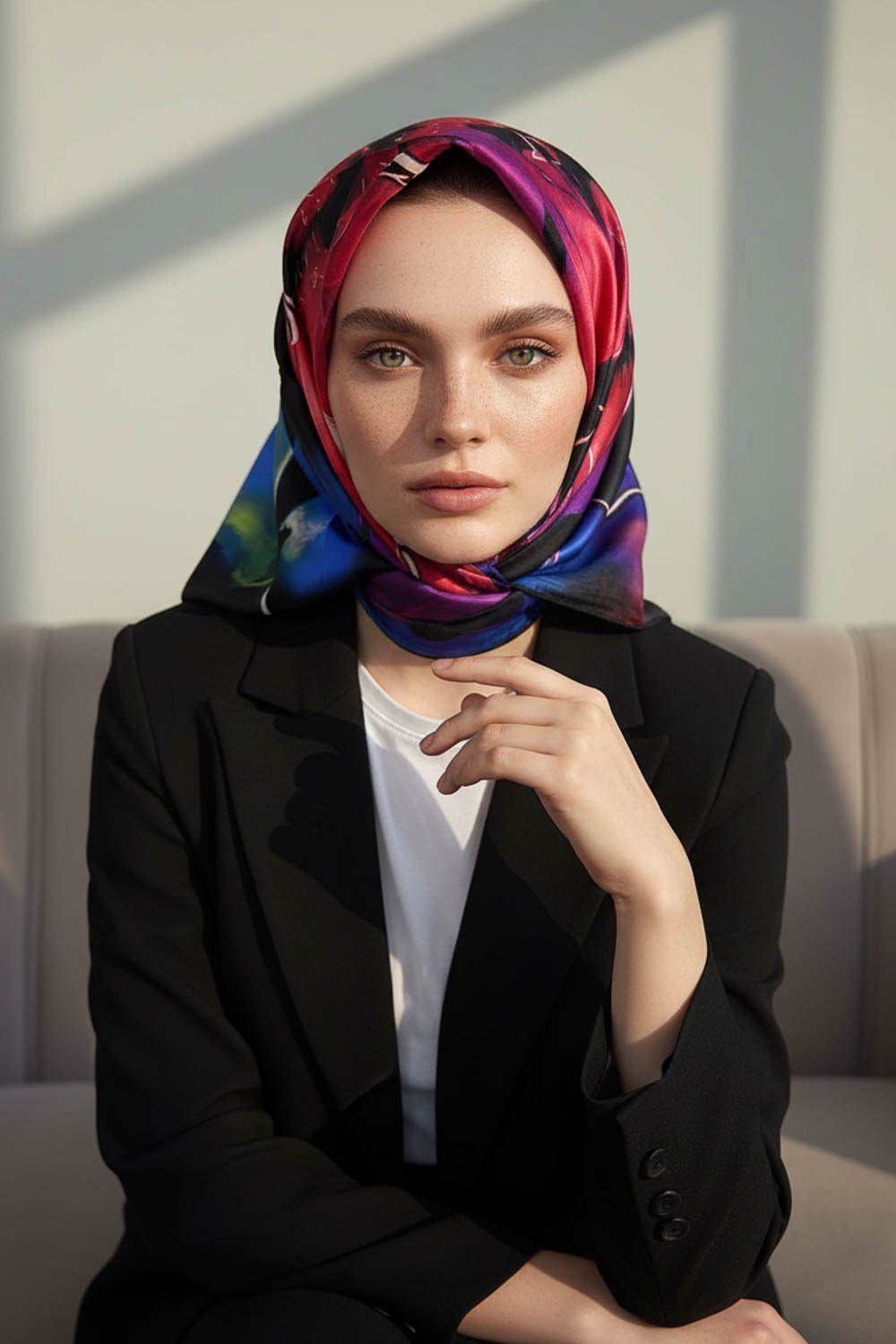 %100 Twill İpek Sulu Boya Çiçek Desenli Siyah Renkli 90x90 Eşarp Dikim Şekli : El Dikişi