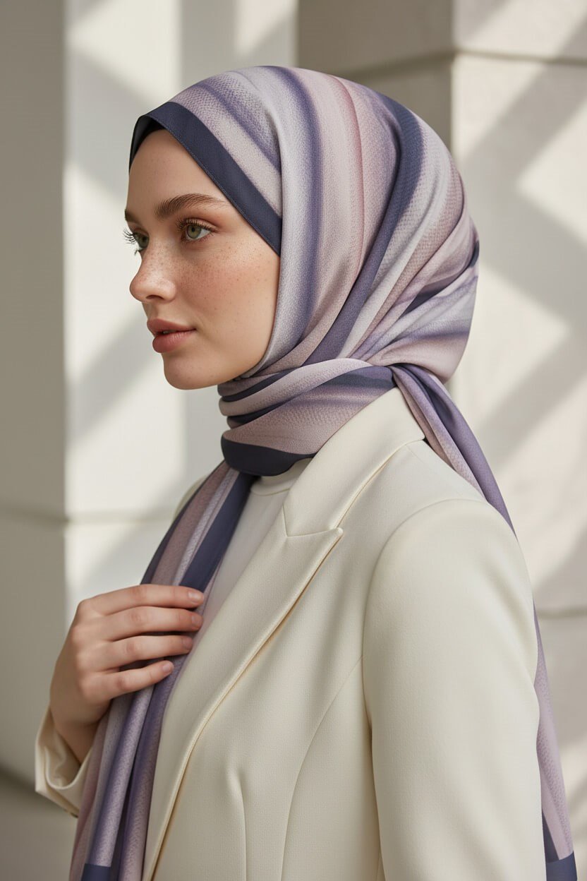 KREP SULU BOYA ÇİZGİLİ DESENLİ PUDRA RENKLİ 75X195 KIRIŞMAZ ŞAL