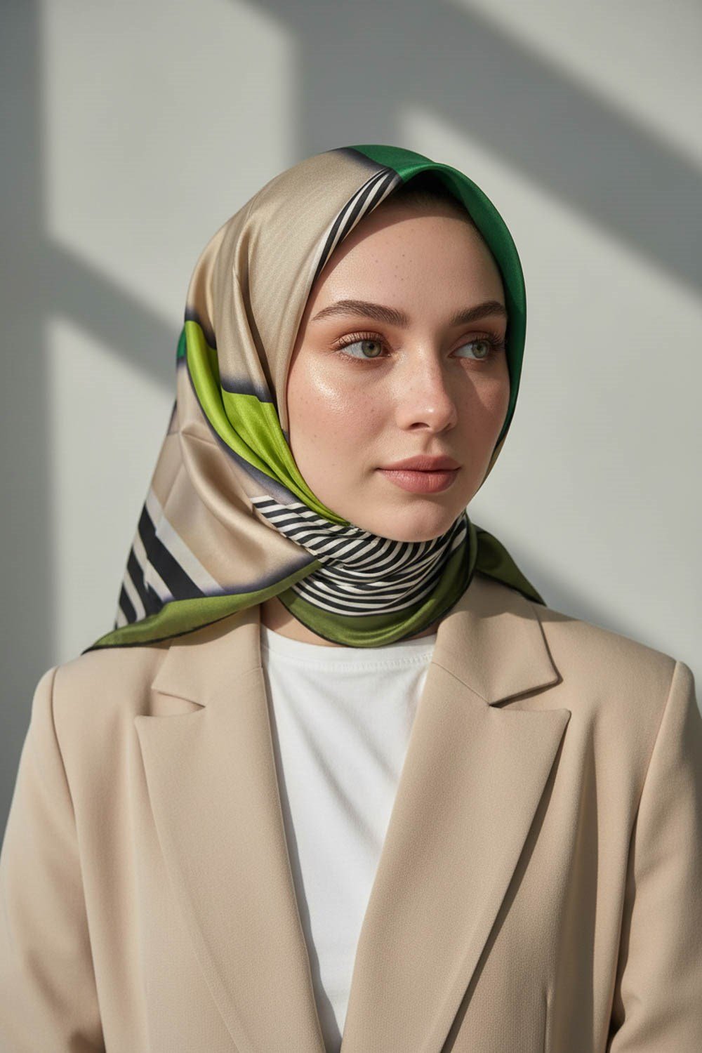 %100 Twill İpek Çizgili ve Geometrik Desenli Zümrüt Yeşili - Haki Renkli 90x90 Eşarp Dikim Şekli : El Dikişi