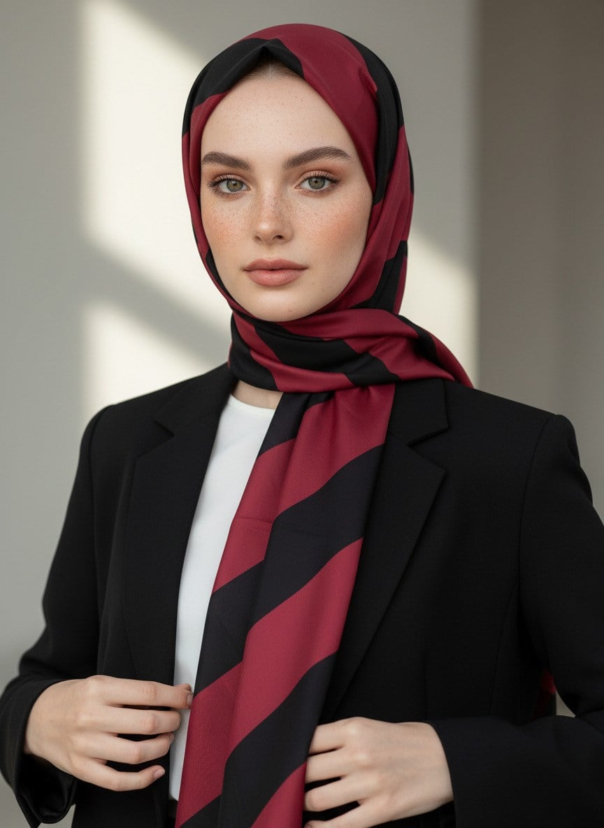 %100 Saf İpek Şal İnce Saten Vual Dokuma Çizgili Desenli Bordo - Siyah Renkli 90x210 Şal