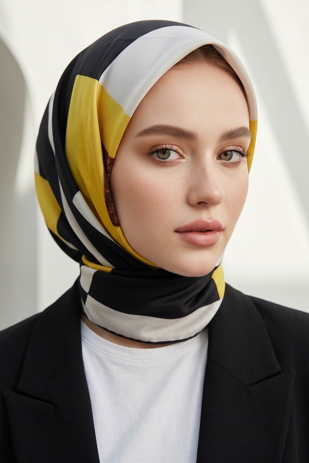 %100 Twill İpek Karo Desenli Limon Sarısı - Siyah Renkli 90x90 Eşarp Dikim Şekli : El Dikişi