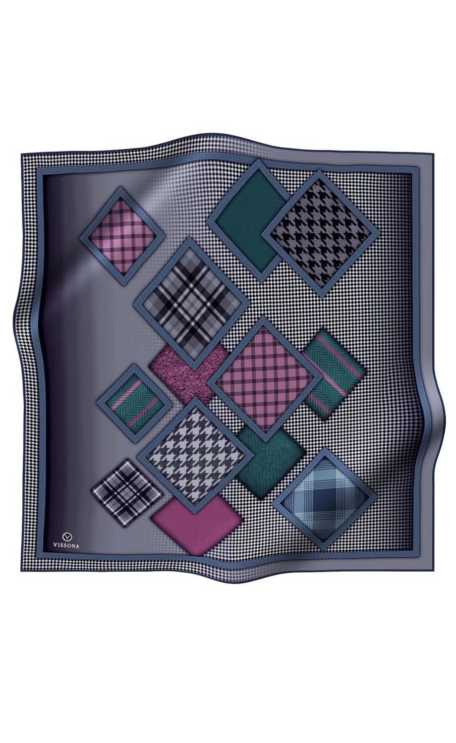 %100 Twill İpek Kazakayaklı Ve Ekose Desenli Gri - Gümüş Renkli 90x90 Eşarp Dikim Şekli : El Dikişi
