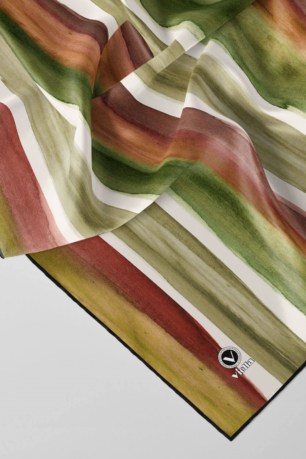 Twill Suluboya Çizgi Desenli Haki - Kiremit Renkli 90x90 Eşarp (İpek İçermez) Kenar Dikiş Şekli El Dikişli