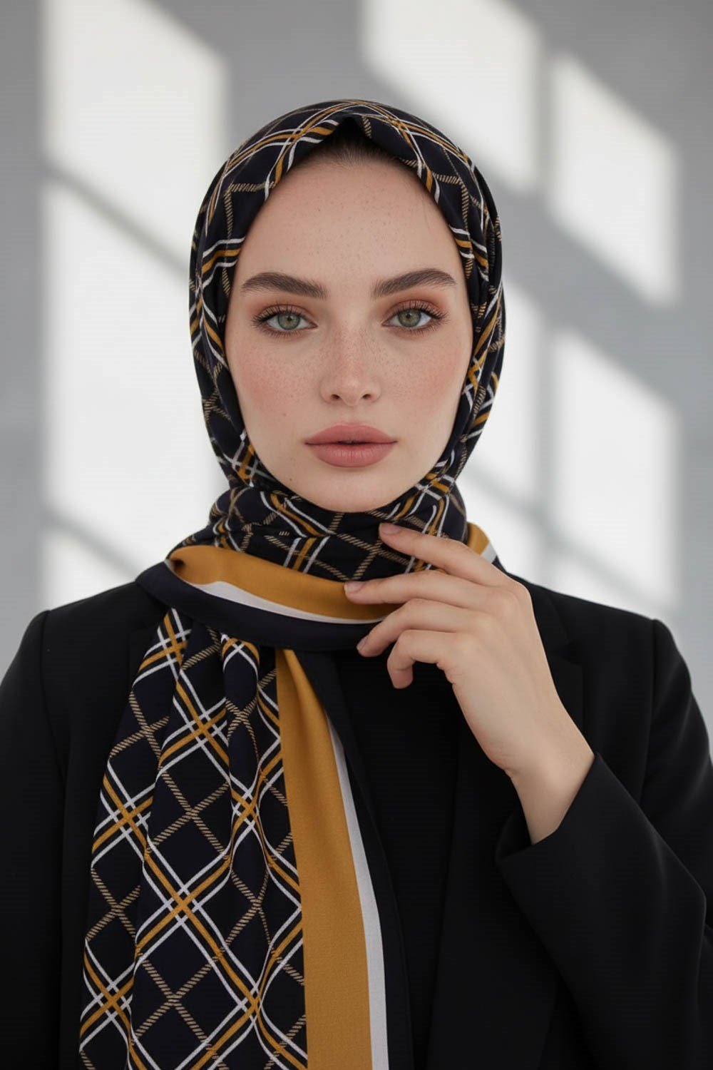 KREP EKOSE DESENLİ SİYAH - GOLD RENKLİ 75X195 KIRIŞMAZ ŞAL