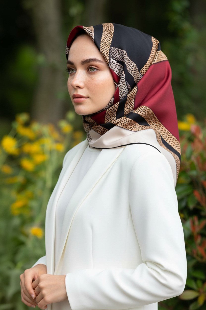 %100 Twill İpek Geometrik Desenli Siyah - Bordo Renkli 90x90 Eşarp Dikim Şekli : El Dikişi