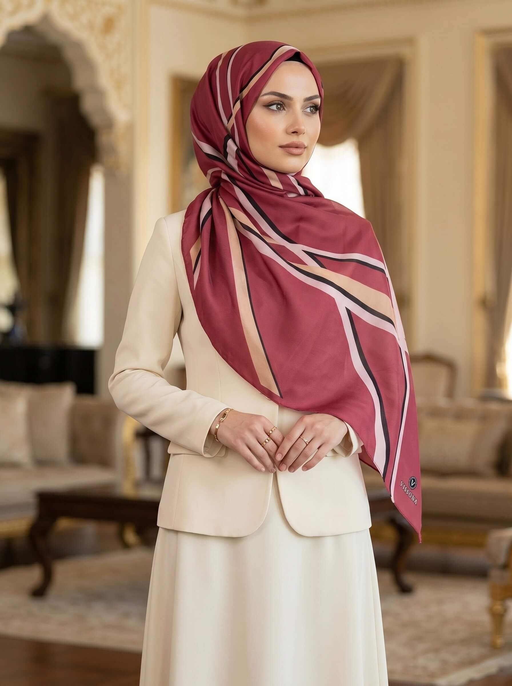 %100 Saf İpek Şal İnce Saten Vual Dokuma Çizgi Desenli Bordo Renkli 90x210 Şal