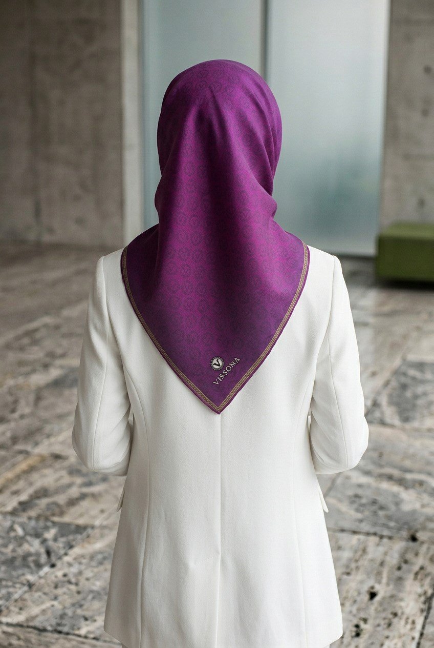 %100 Twill İpek Monogram Desenli Mürdüm Renkli 90x90 Eşarp Dikim Şekli : El Dikişi