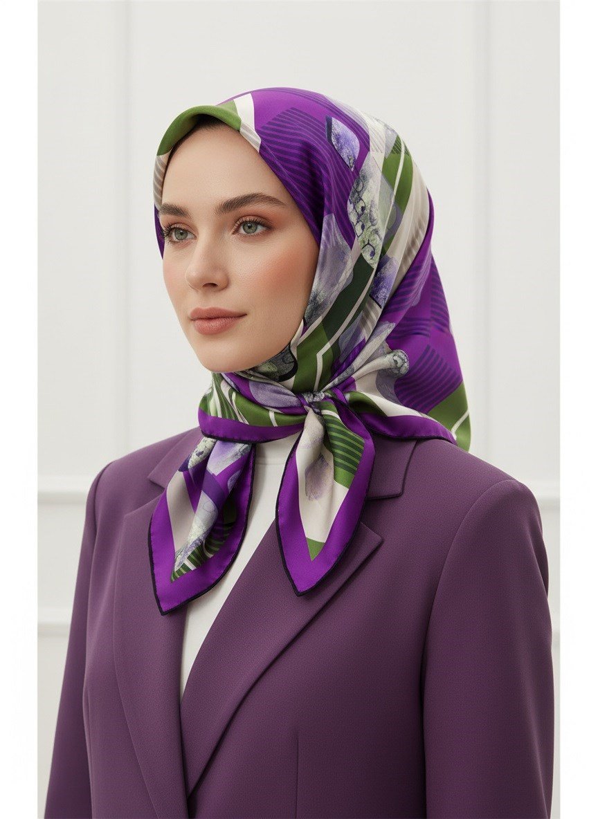 %100 Twill İpek Geometrik Desenli Mor - Haki Renkli 90x90 Eşarp Dikim Şekli : El Dikişi