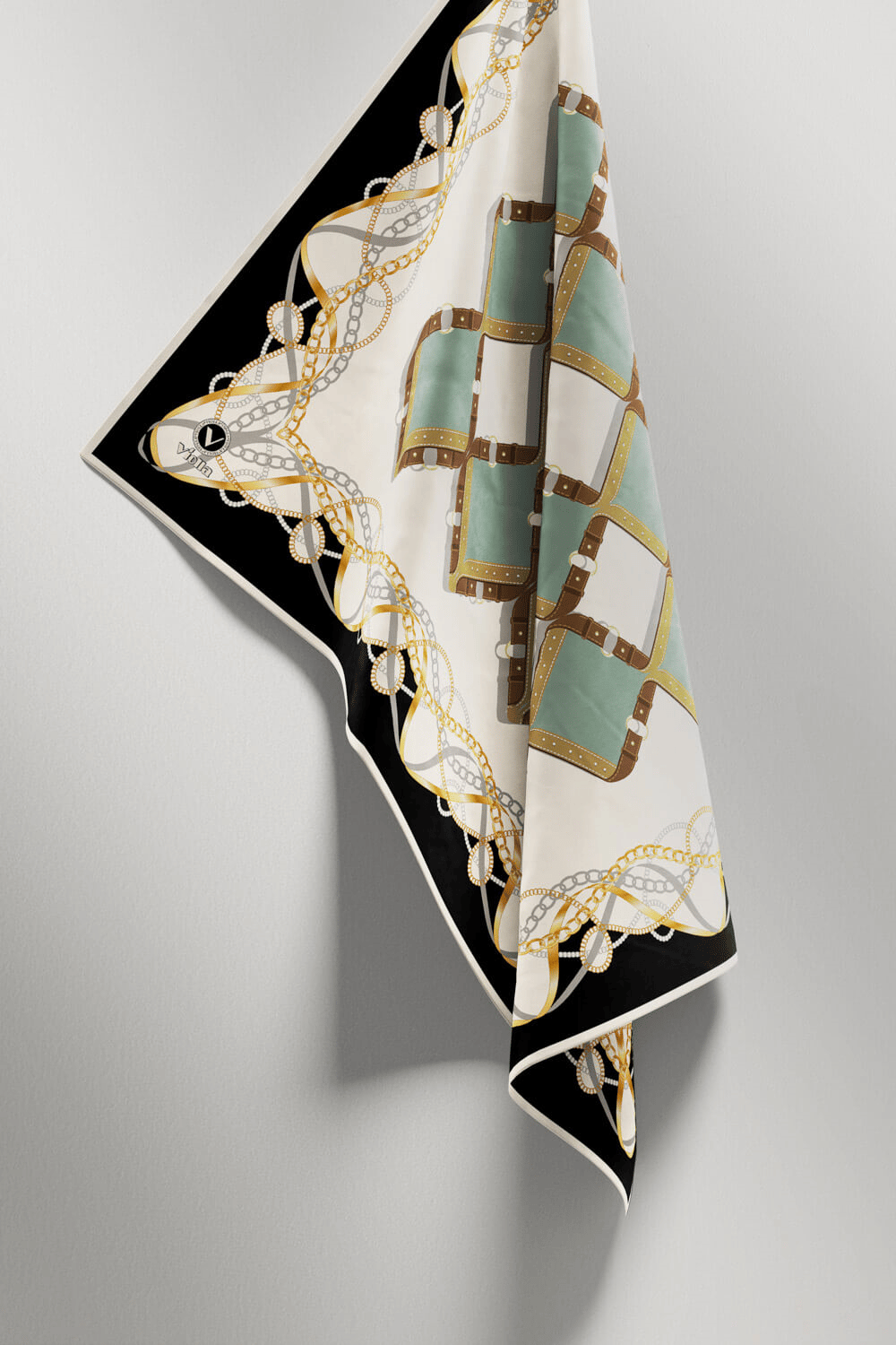 Twill Kemer Ve Zincir Desenli Koyu Mint Yeşiili Renkli 90x90 Eşarp (İpek İçermez) Kenar Dikiş Şekli El Dikişli