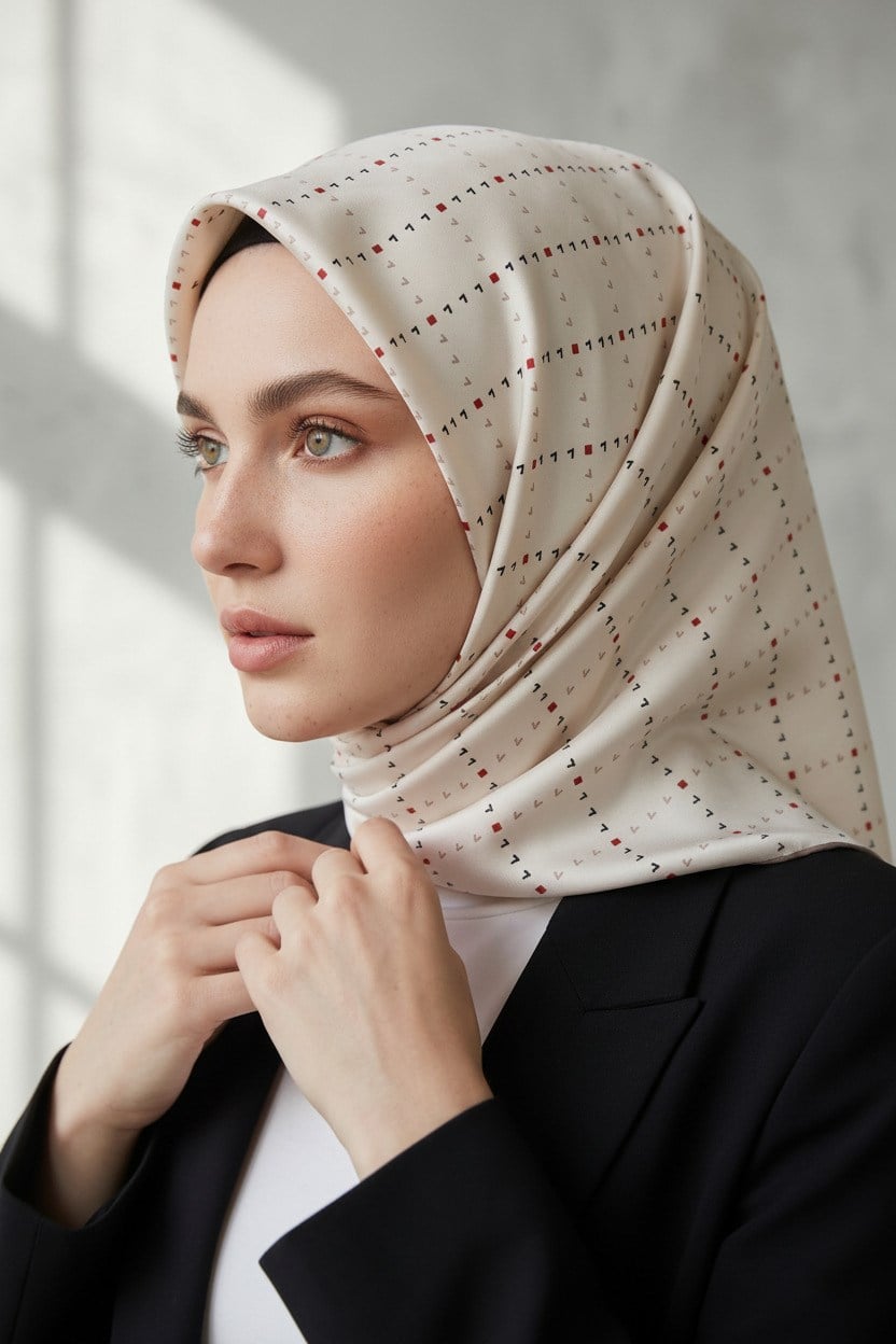 %100 Twill İpek Minik V Desenli Beyaz Renkli 90x90 Eşarp Dikim Şekli : El Dikişi