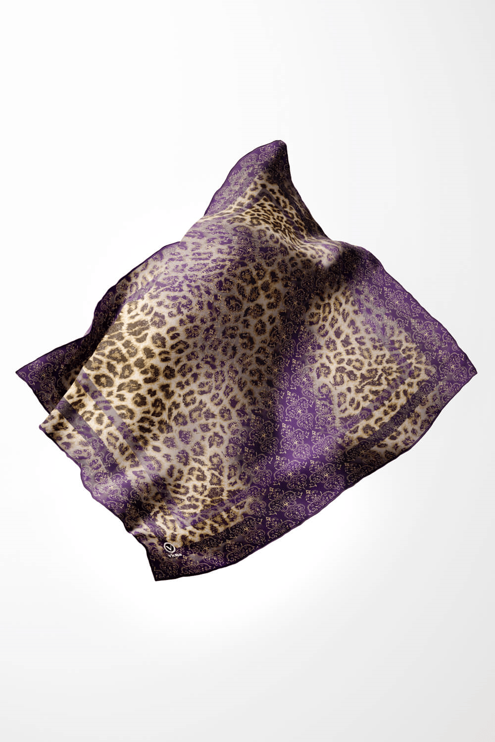 Twill Leopar Desenli Mor Renkli 90x90 Eşarp (İpek İçermez) Kenar Dikiş Şekli El Dikişli