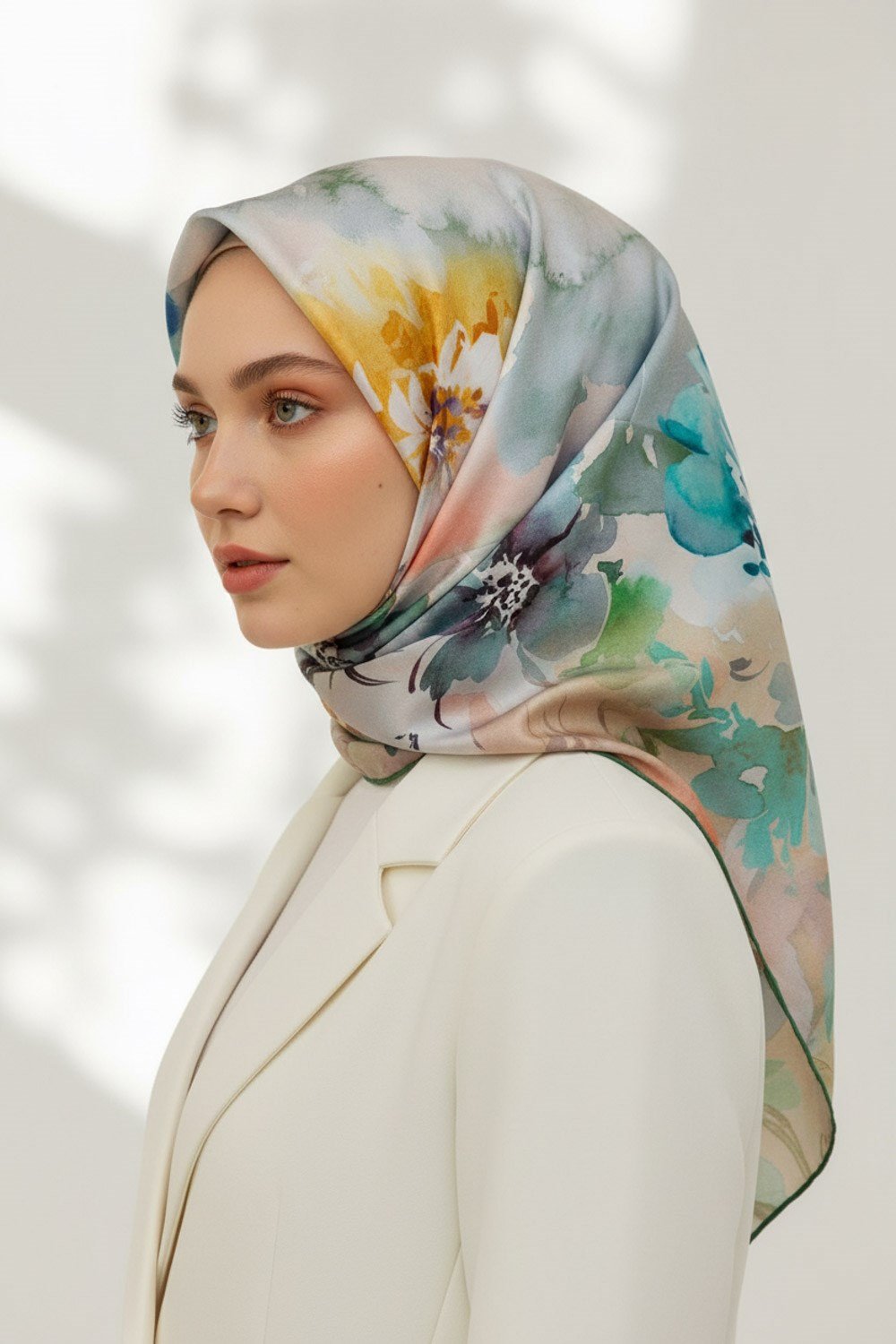 %100 Twill İpek Çiçek  Desenli Zümrüt Yeşili Renkli 90x90 Eşarp Dikim Şekli : El Dikişi