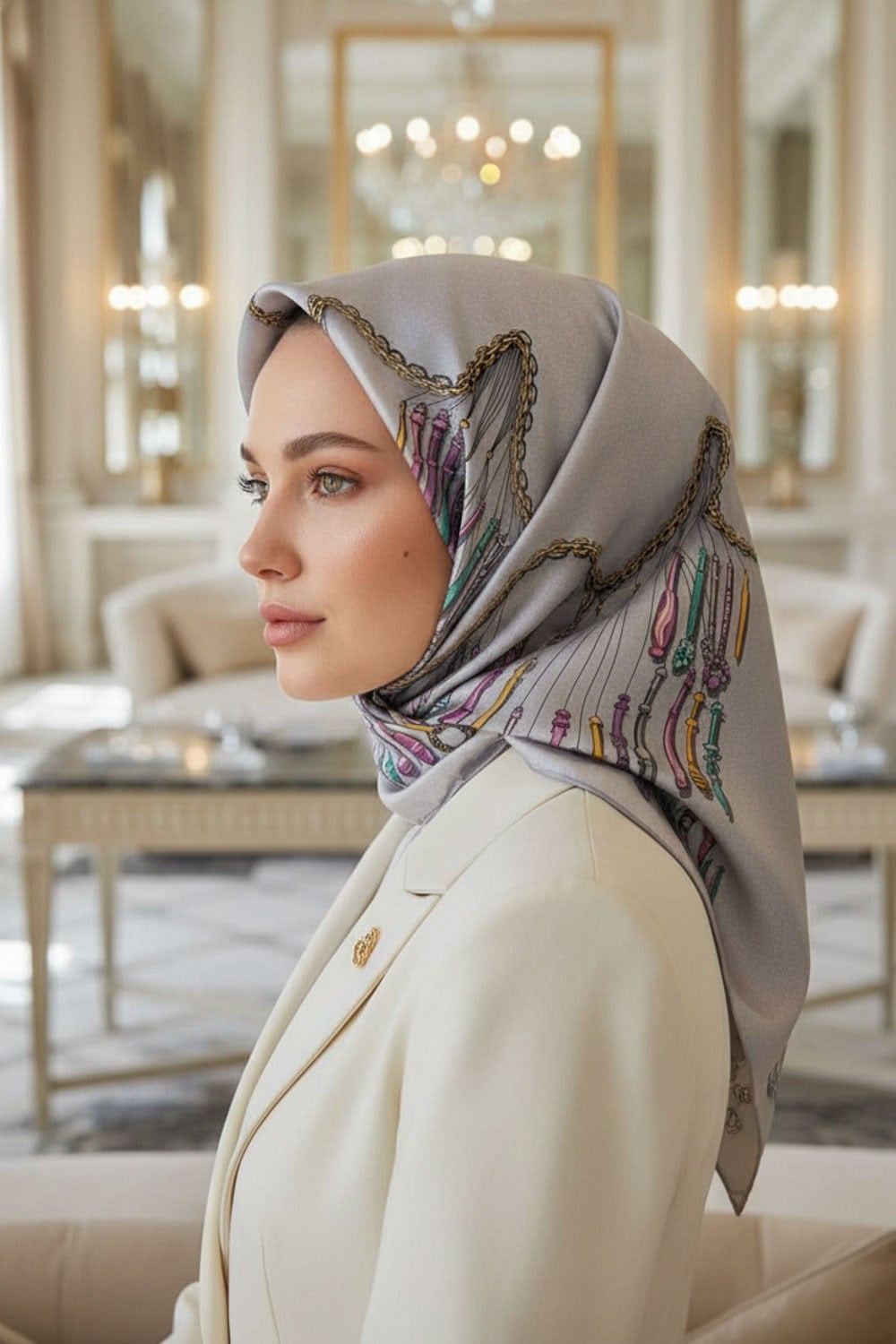 %100 Twill İpek Zincir Desenli Gri Renkli 90x90 Eşarp Dikim Şekli : El Dikişi