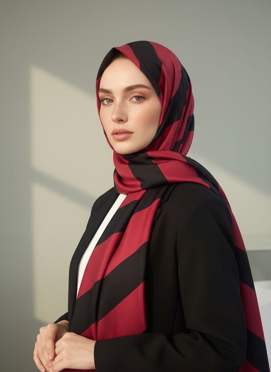 %100 Saf İpek Şal İnce Saten Vual Dokuma Çizgili Desenli Bordo - Siyah Renkli 90x210 Şal