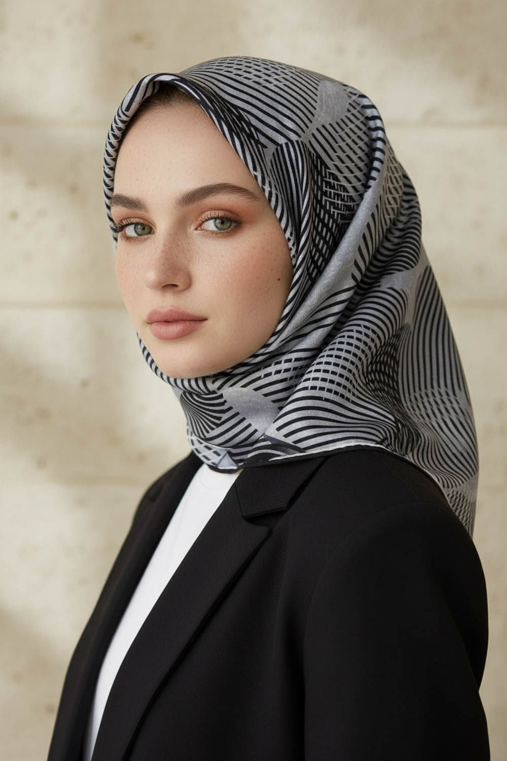 %100 Twill İpek Çizgili Çiçek Desenli Siyah - Gri Renkli 90x90 Eşarp Dikim Şekli : El Dikişi