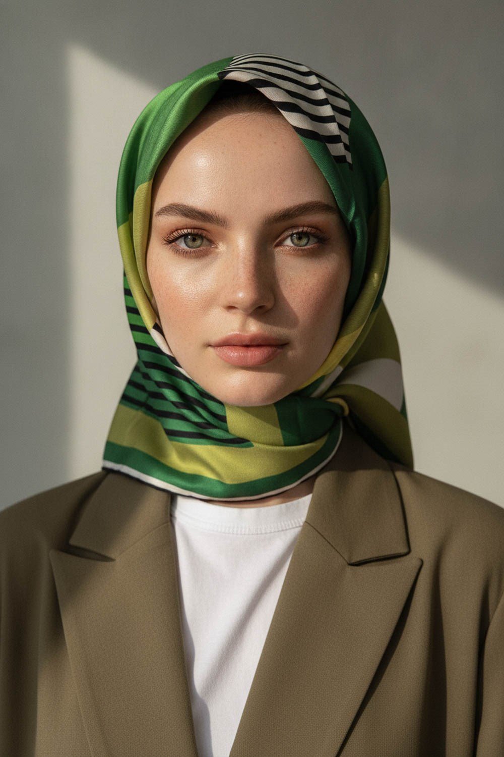 100% Twill İpek Geometrik Desenli Haki - Zümrüt Yeşili Renkli 90x90 Dikim Şekli : El Dikişi Eşarp