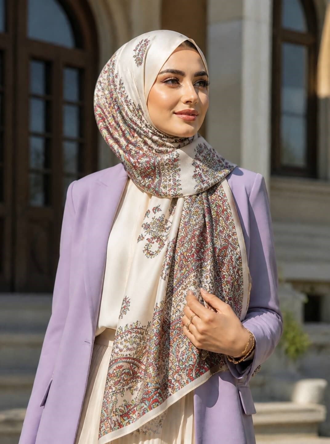 %100 Saf İpek Şal İnce Saten Vual Dokuma Etnik Desenli Krem Renkli 90x210 Şal