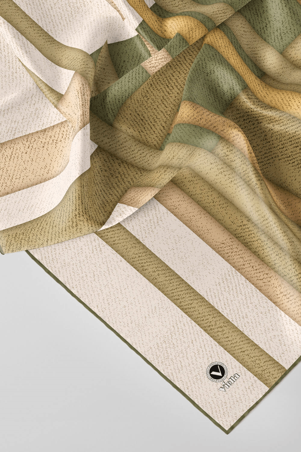 Twill Renkli Şerit Desenli Haki Renkli 90x90 Eşarp (İpek İçermez) Kenar Dikiş Şekli El Dikişli