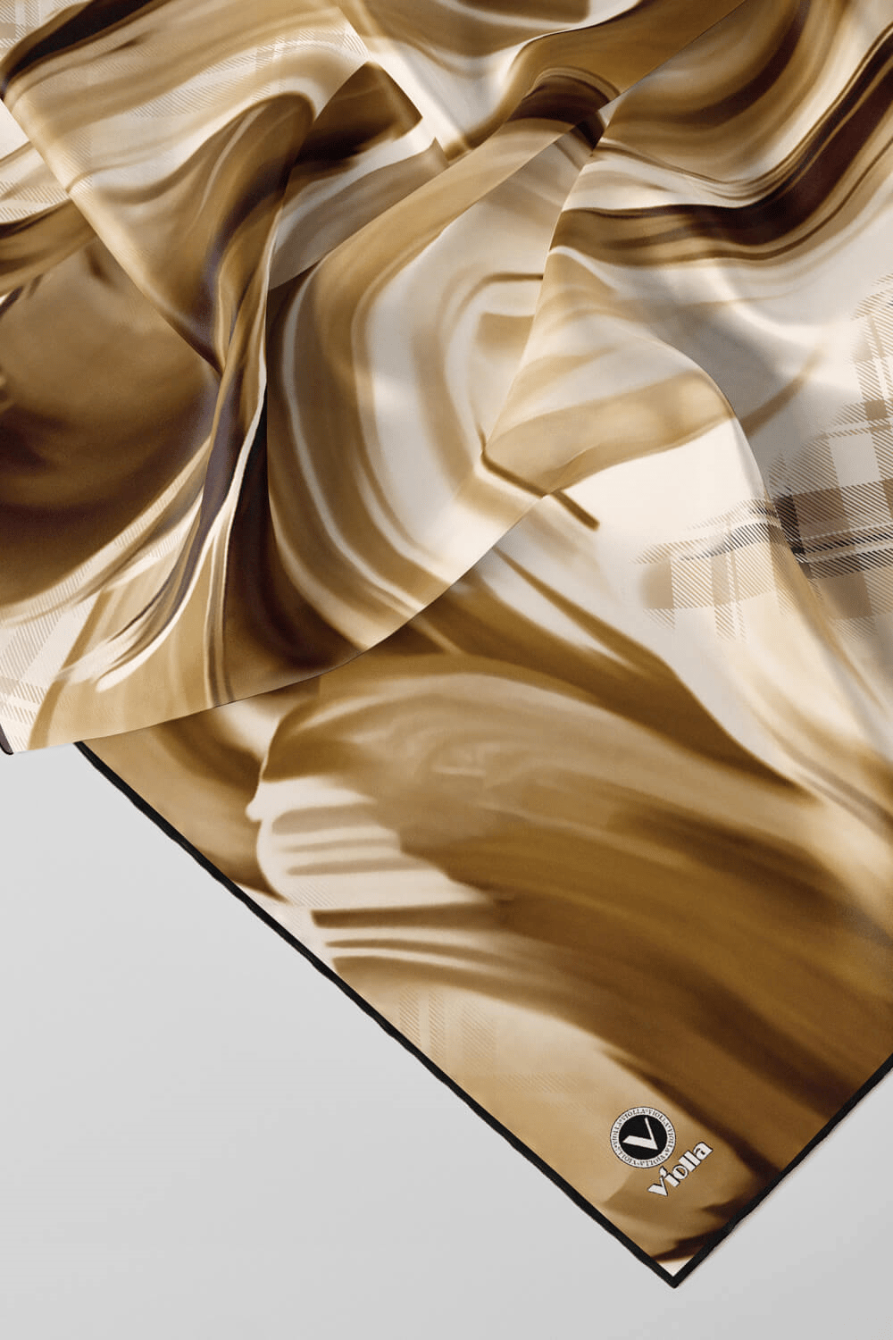 Twill Dalga ve Ekose Desenli Hardal Renkli 90x90 Eşarp (İpek İçermez)Kenar Dikiş Şekli El Dikişli