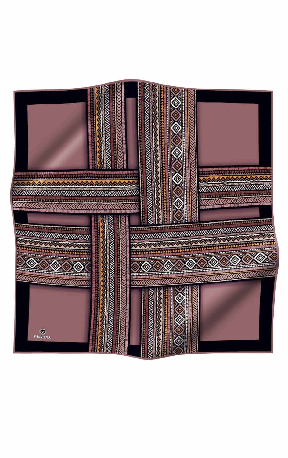 %100 Twill İpek Etnik Desenli Gül Kurusu - Bej Renkli 90x90 Eşarp Dikim Şekli : El Dikişi