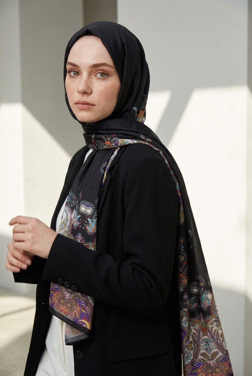 %100 Saf İpek Şal İnce Saten Vual Dokuma Etnik Desenli Siyah Renkli 90x210 Şal