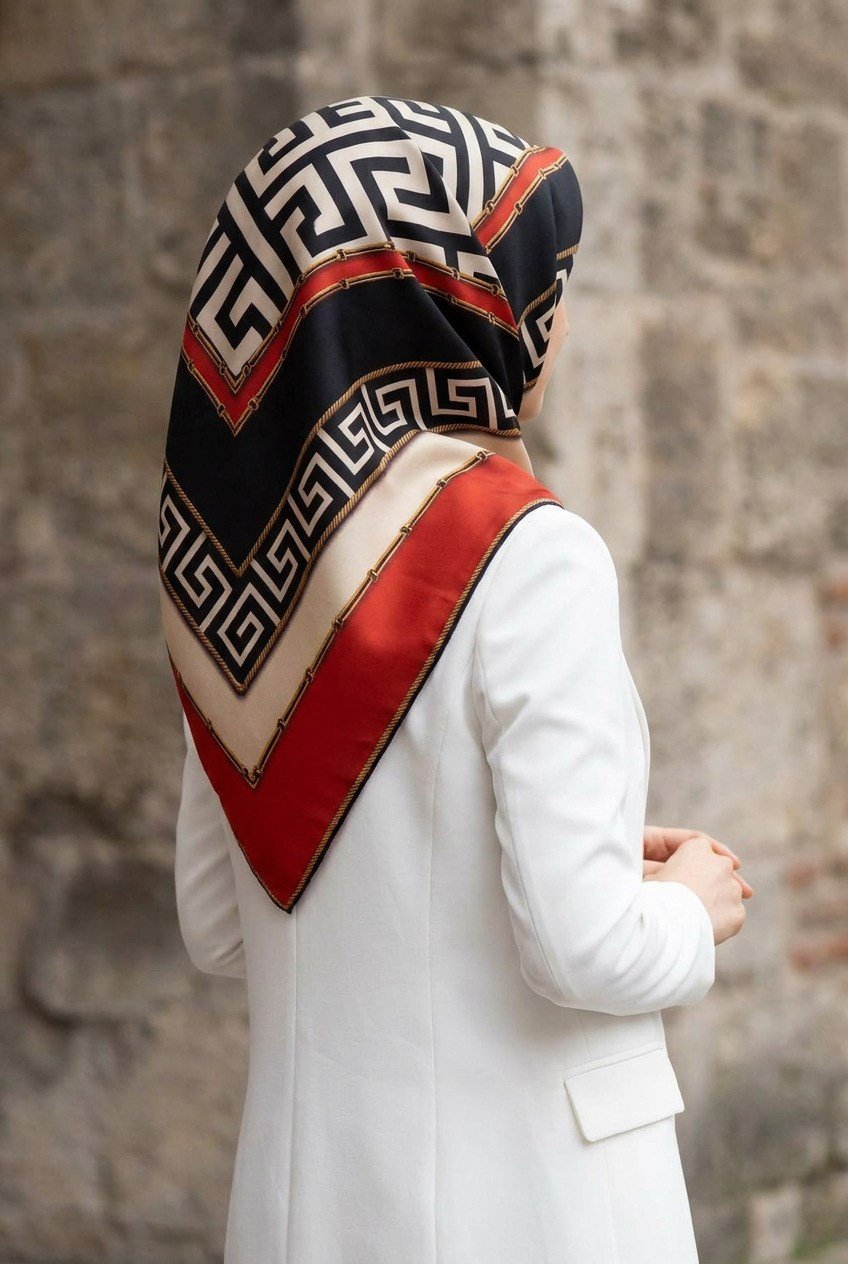 % 57 İPEK % 43 VİSKON Twill İpek Labirent Ve Geometrik Desenli Kırmızı - Siyah Renkli 90x90 Eşarp Dikim Şekli : El Dikişi