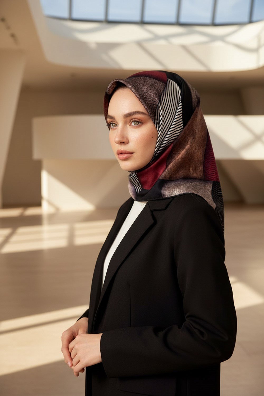 %100 Twill İpek Dokulu ve Geometrik Desenli Bordo - Bej Renkli 90x90 Eşarp Dikim Şekli : El Dikişi