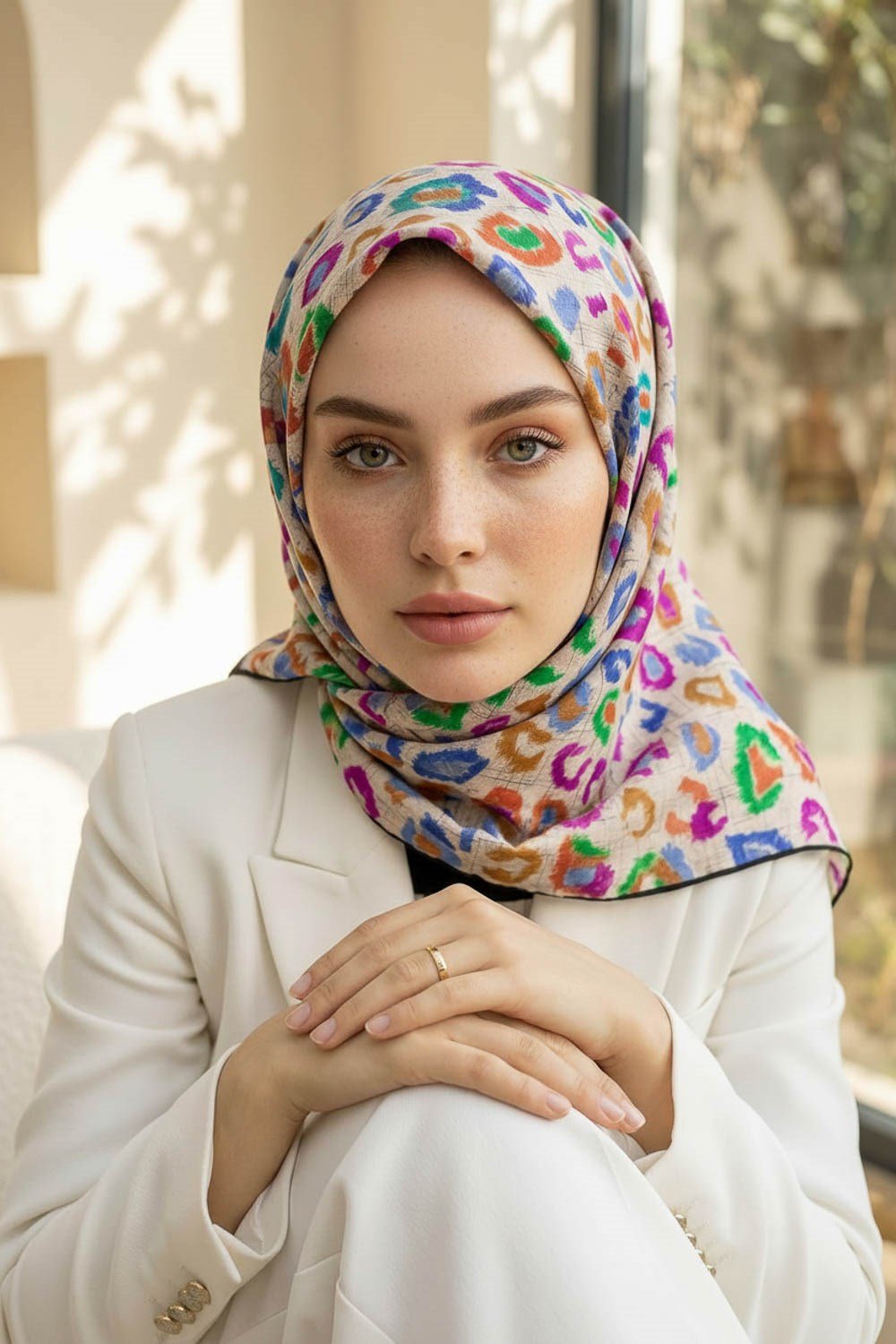 %100 Twill İpek Renkli Leopari Desenli Turuncu - Saks Renkli 90x90 Eşarp Kenar Dikiş Şekli El Dikişli