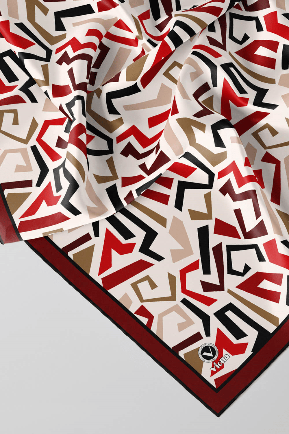Twill Geometrik Desenli Bordo Renkli 90x90 Eşarp (İpek İçermez) Kenar Dikiş Şekli El Dikişli