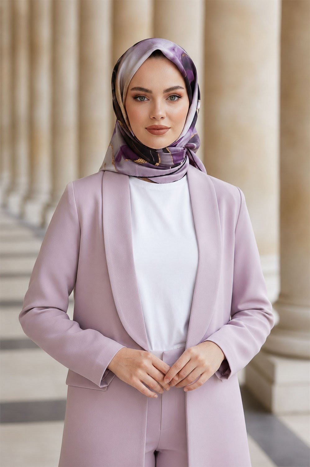 %100 Twill İpek Batik Desenli Mor - Fuşya Renkli 90x90 Eşarp Dikim Şekli : El Dikişi