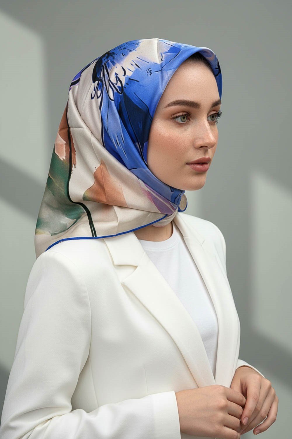 %100 Twill İpek Sulu Boya Çiçek Desenli Saks Renkli 90x90 Eşarp Dikim Şekli : El Dikişi