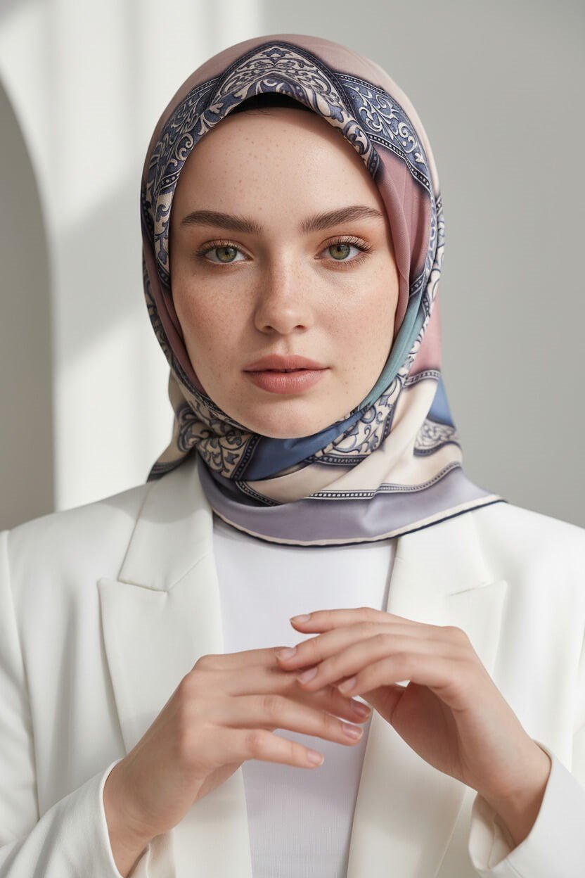 %100 Twill İpek Geometrik Desenli Gri - Pudra Renkli 90x90 Eşarp Dikim Şekli : El Dikişi