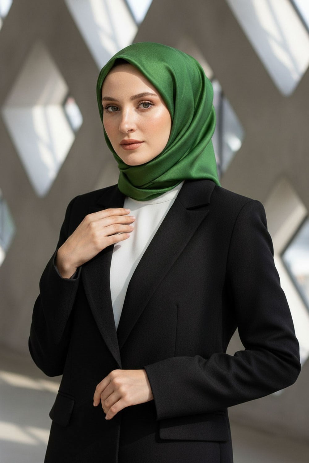 %100 Twill İpek Düz Benetton Yeşili Renkli Daha Tok Exclusive Serisi 90x90 Eşarp Dikim Şekli : El Dikişi