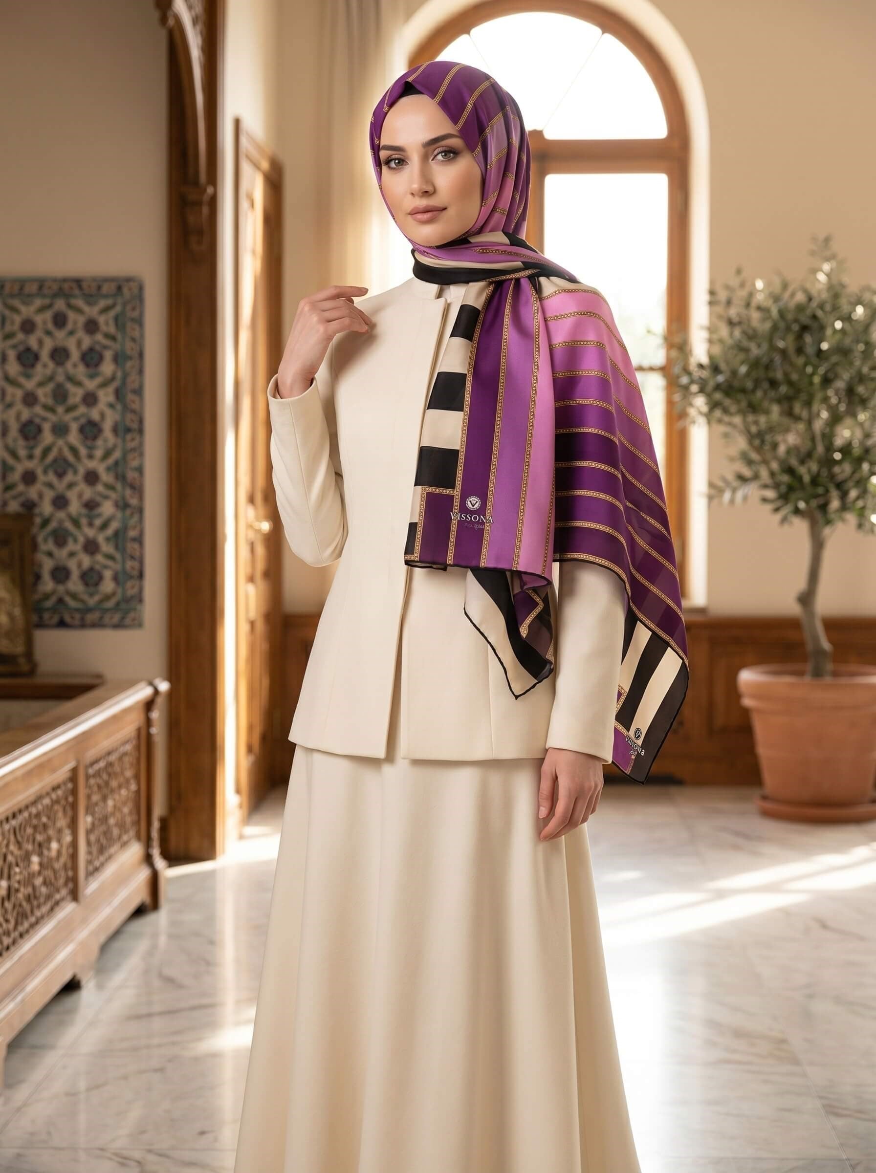 %100 İpek Şerit Desenli Mürdüm - Pembe Renkli 92x210 Şal