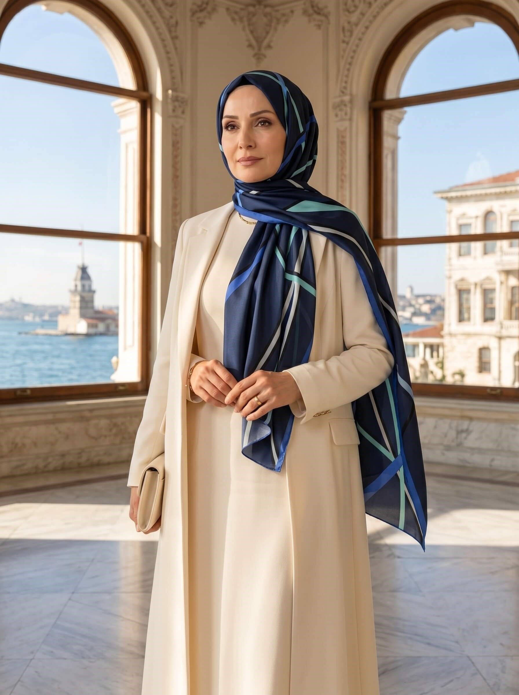 %100 Saf İpek Şal İnce Saten Vual Dokuma Çizgi Desenli Lacivert - Saks Renkli 90x210 Şal