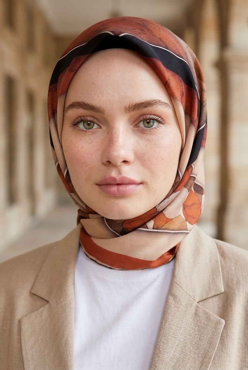 %100 Twill İpek Mermer Efektrli Geometrik Desenli Taba - Gold Renkli 90x90 Eşarp Dikim Şekli : El Dikişi