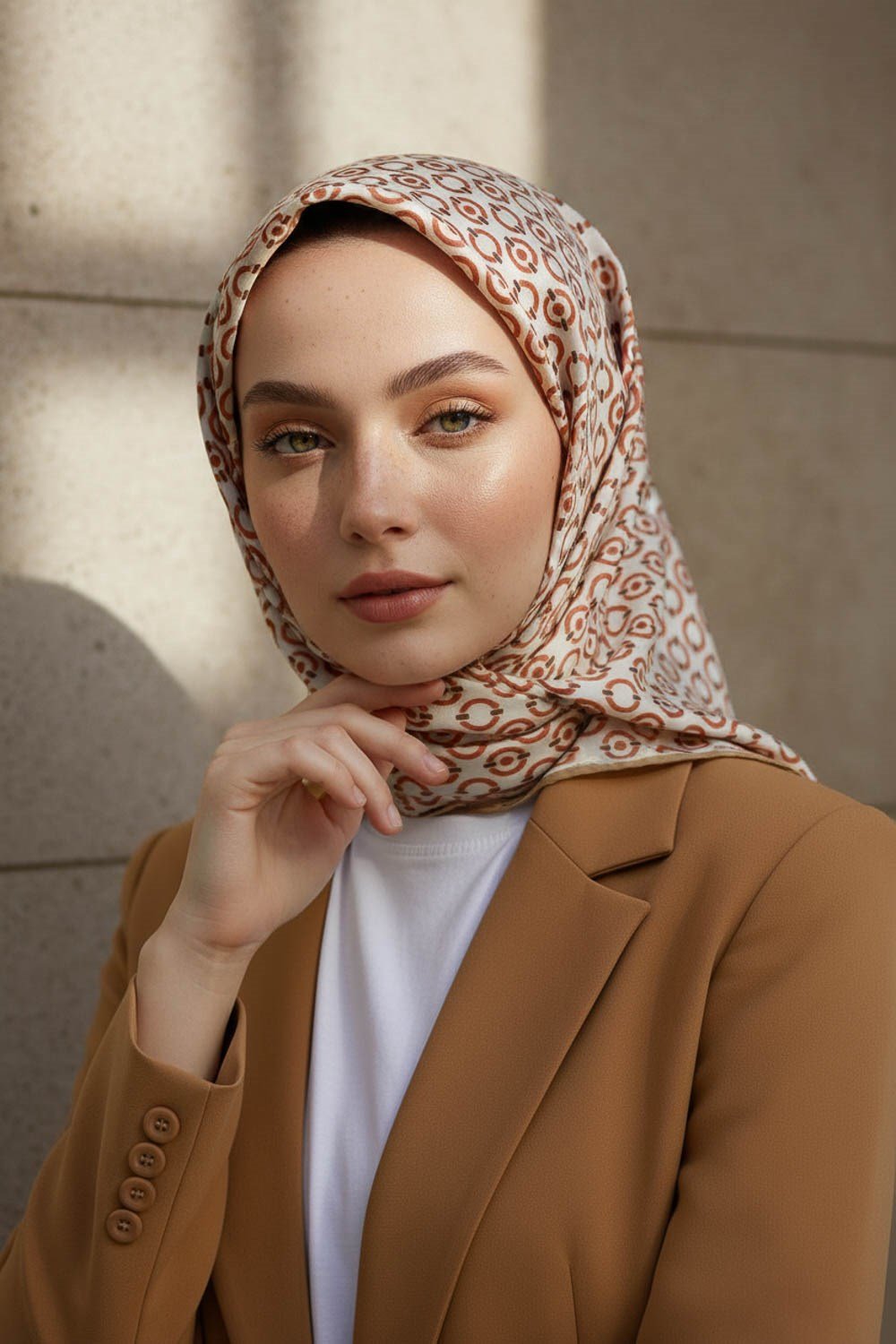 %100 Twill İpek Zincir Desenli Krem - Bakır Renkli 90x90 Eşarp Kenar Dikiş Şekli El Dikişli