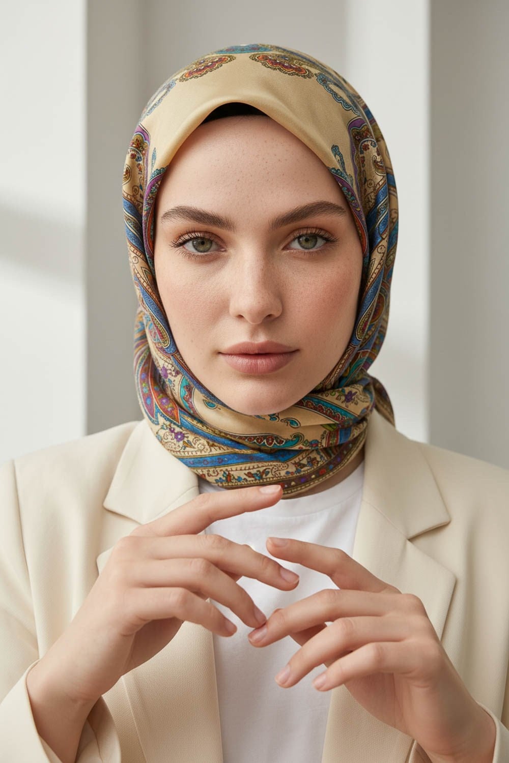 %100 Twill İpek Şal Desenli Bej - Mürdüm Renkli 90x90 Eşarp Dikim Şekli : El Dikişi