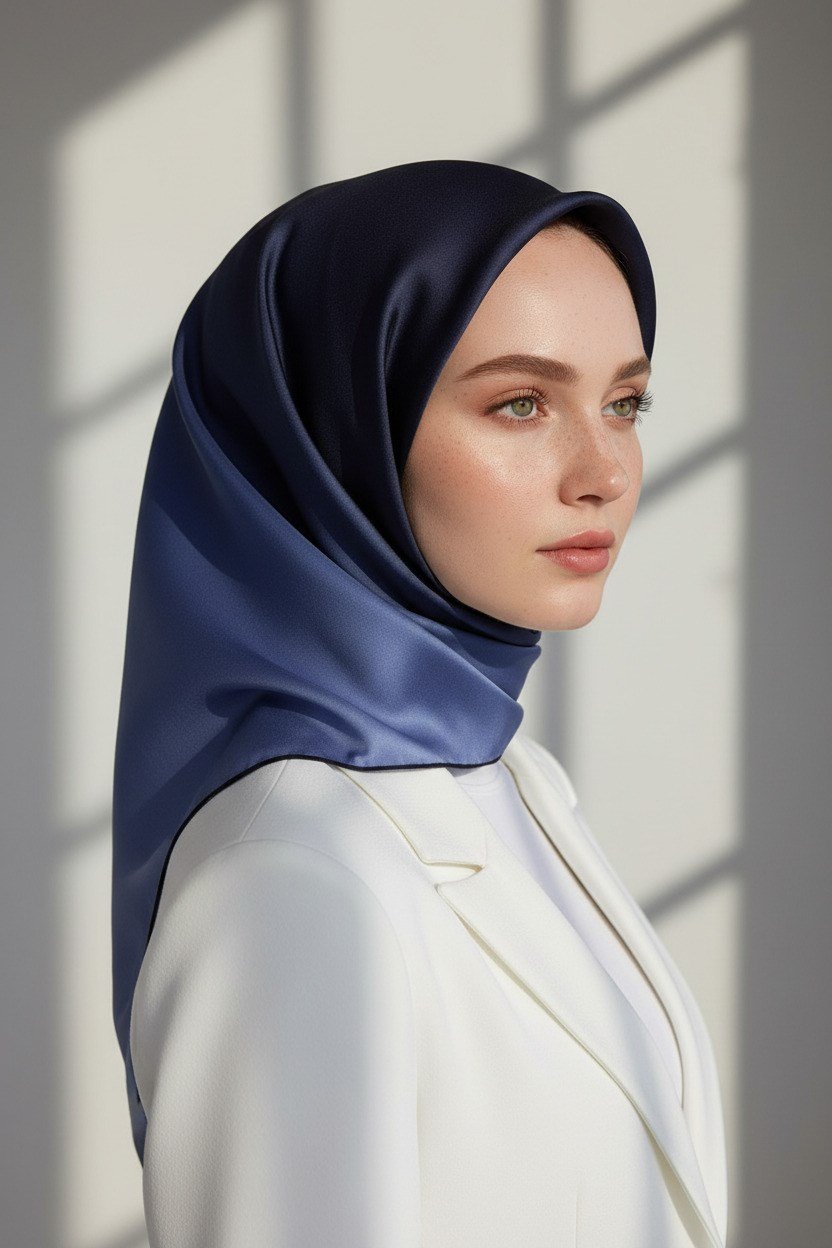 %100 Twill İpek Degrade Desenli Lacivert Renkli 90x90 Eşarp Dikim Şekli : El Dikişi