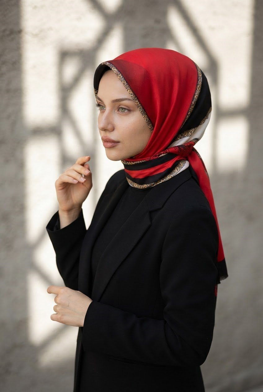 %100 Saf İpek Şal İnce Saten Vual Dokuma Çizgili Desenli Kırmızı - Siyah Renkli 90x210 Şal