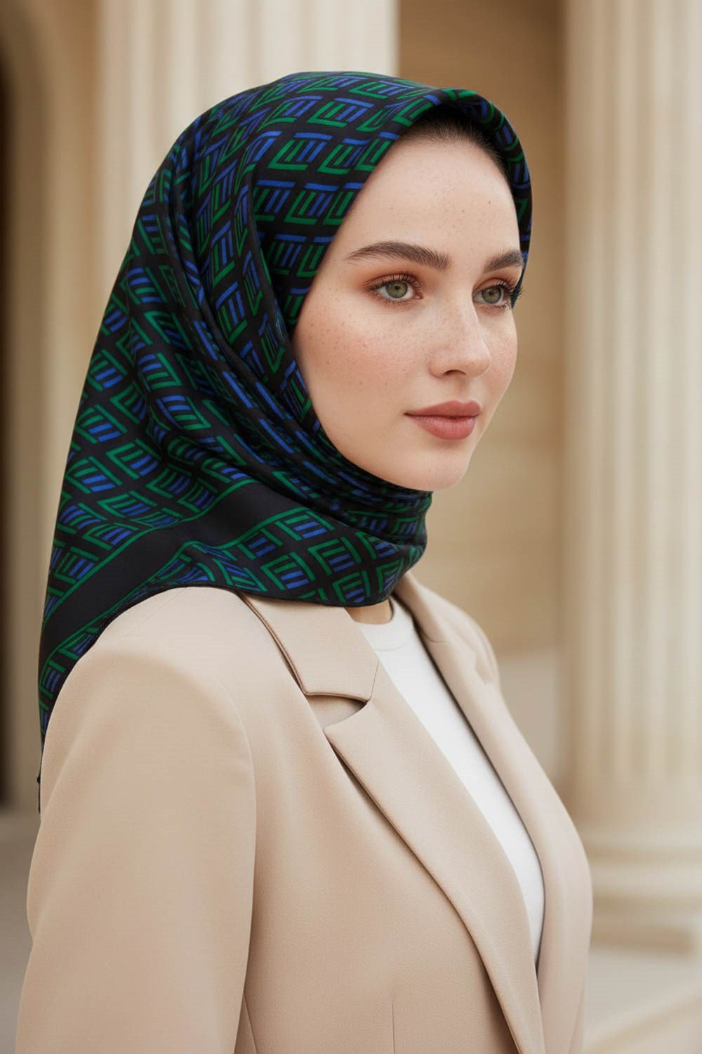 % 57 İPEK % 43 VİSKON Twill İpek Geometrik Desenli Zümrüt Yeşili - Saks Renkli 90x90 Eşarp Dikim Şekli : El Dikişi