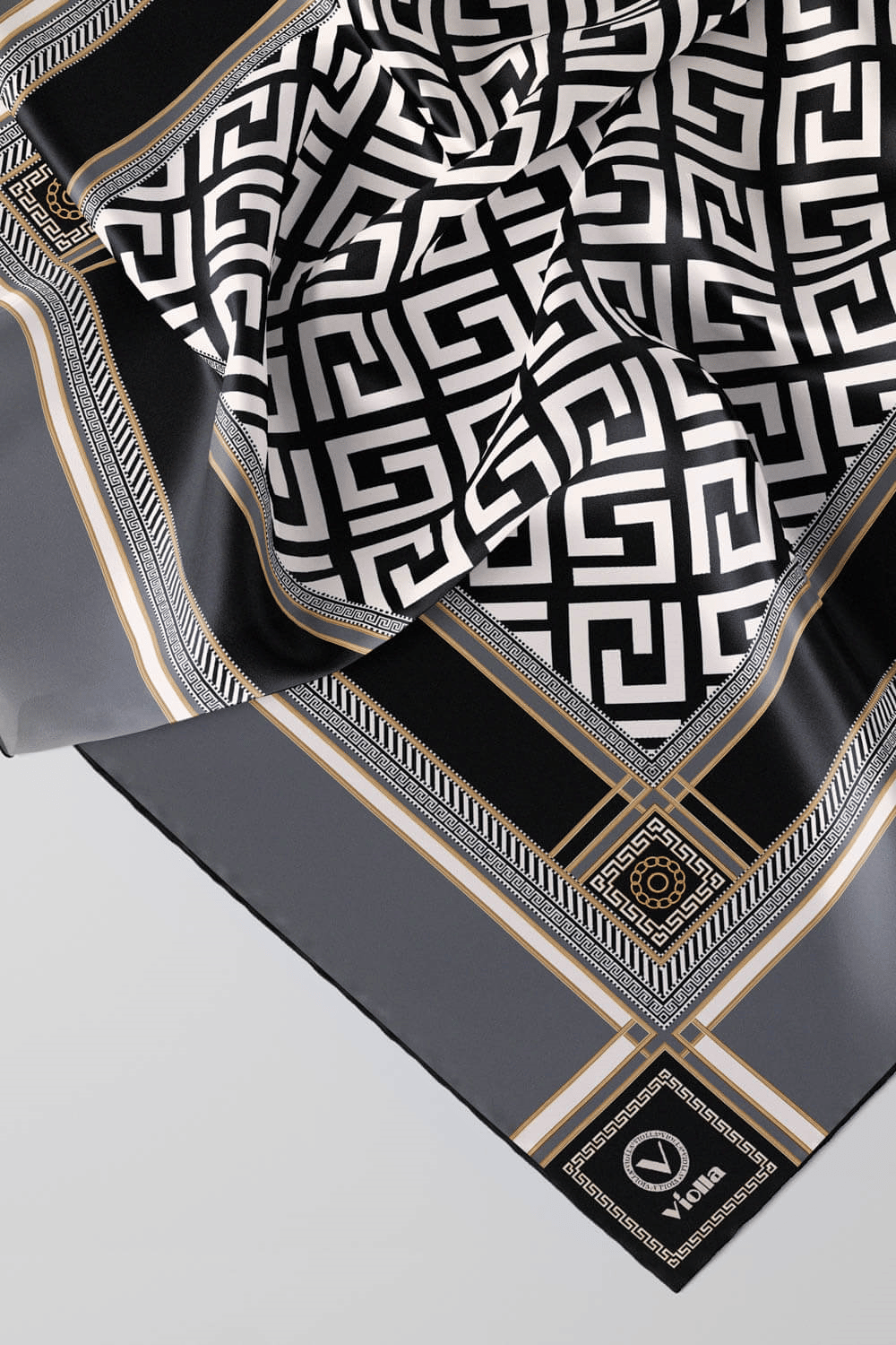 Twill Antik Desenli Gri Renkli 90x90 Eşarp (İpek İçermez) Kenar Dikiş Şekli El Dikişli