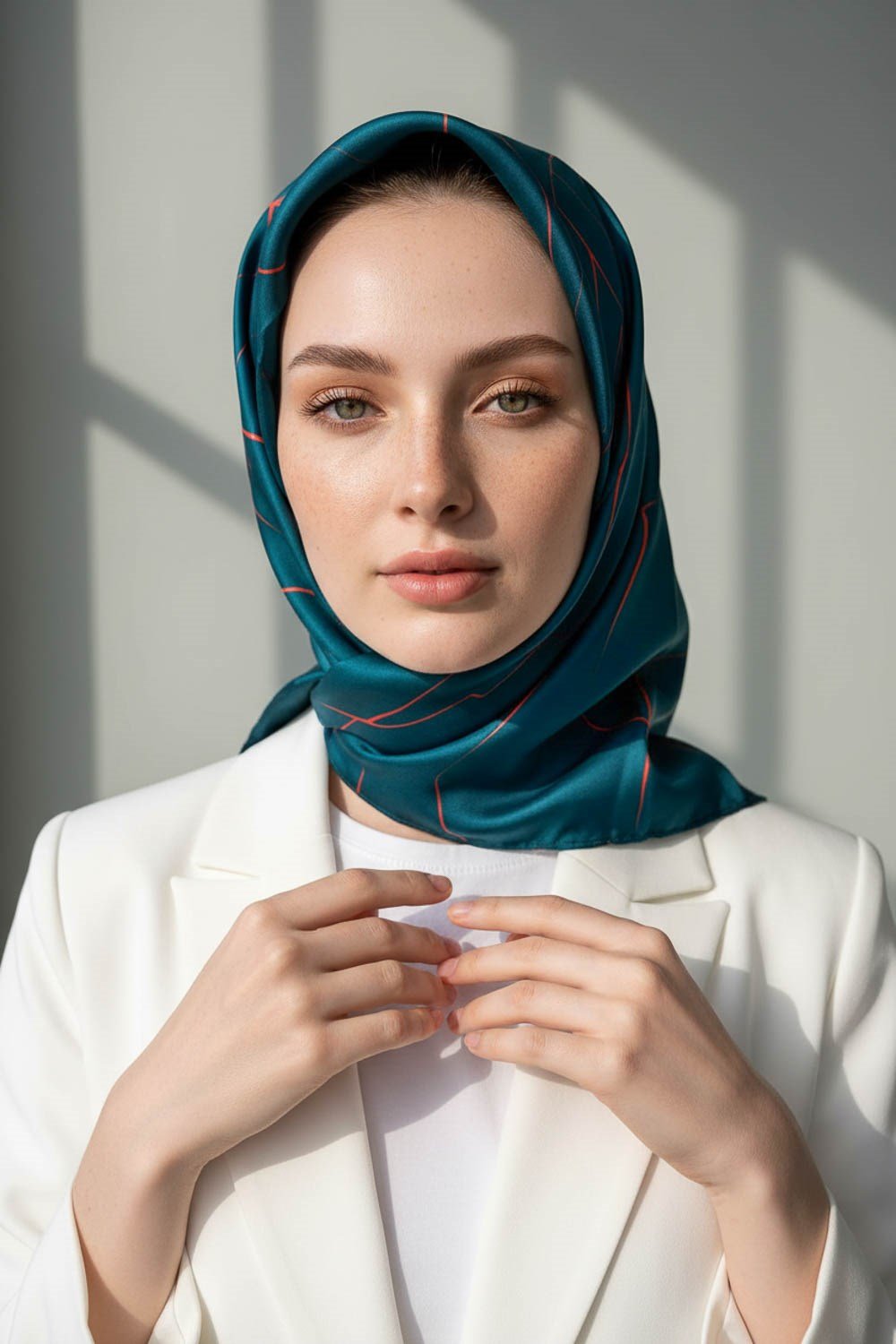 %100 Twill İpek Çizgi Desenli Petrol Yeşili - Turuncu Renkli 90x90 Eşarp Dikim Şekli : El Dikişi